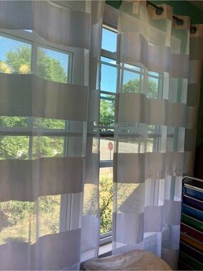 Four Sheer Striped White Window Curtain Panels- Duck River